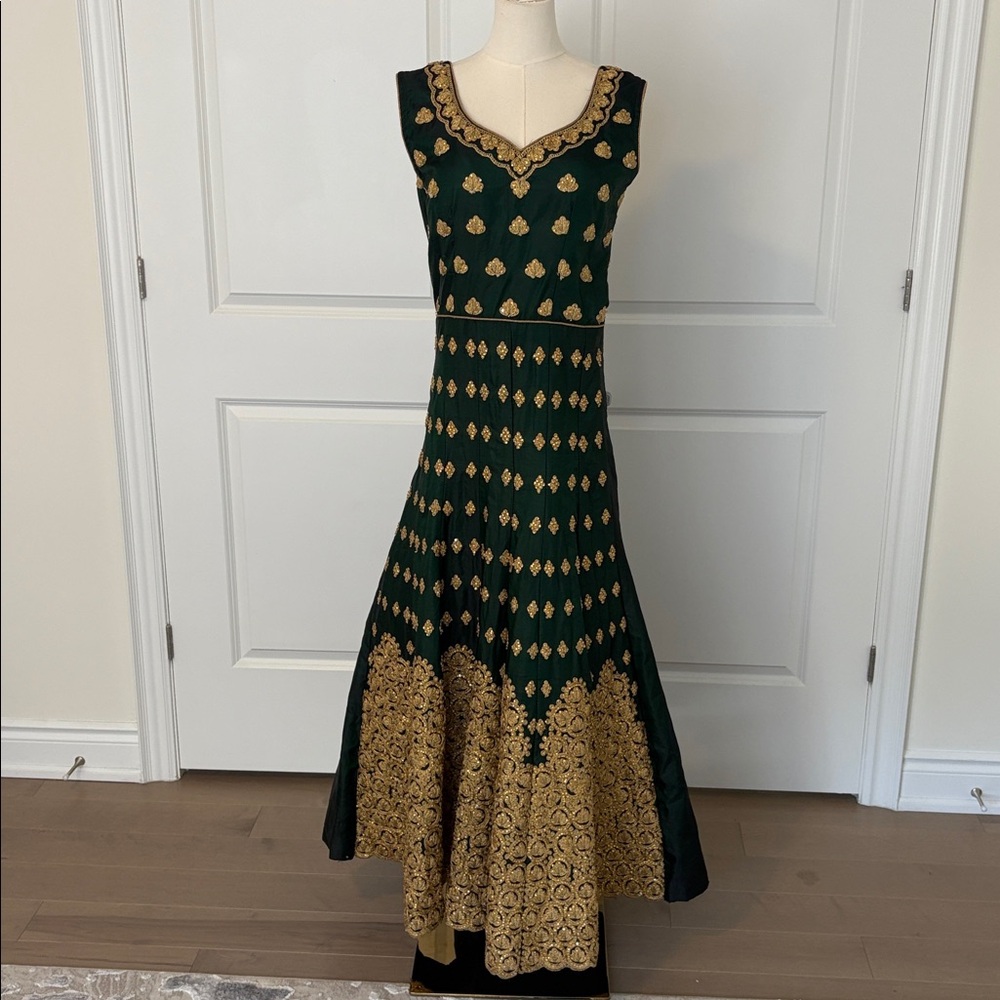 Elegant Green and Gold Sleeveless Dress Indian dress